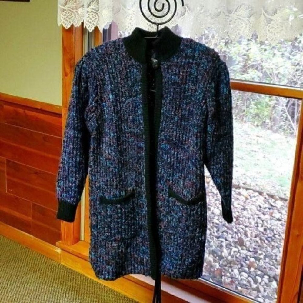 Monto par leChois Vintage Sz M Blue Tweed-Like Design Collared LS XLong Cardigan